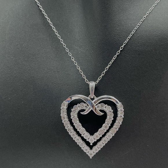 Natural Diamond Double Heart Silver Necklace - Picture 3 of 6